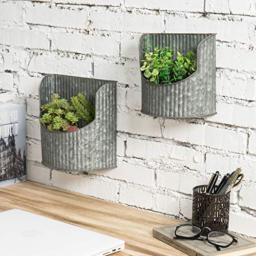 MyGift Galvanized Wall Planter, Rustic Silver Metal Vertical Ribbed Design Wall Mount Flower Pot, Set of 2