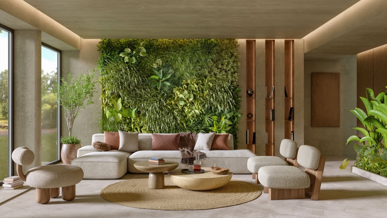 Vertical Green Wall in a living room interior, 3d render