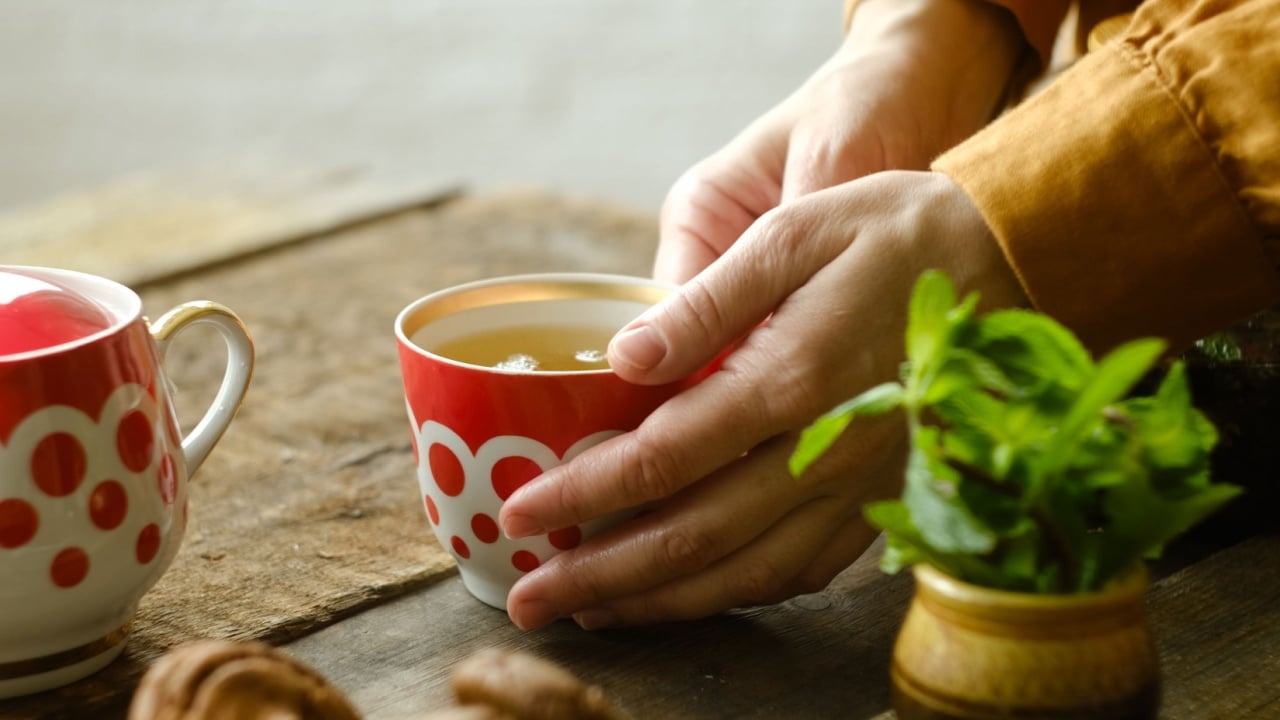 Tea party. Drinking herbal tea with mint.