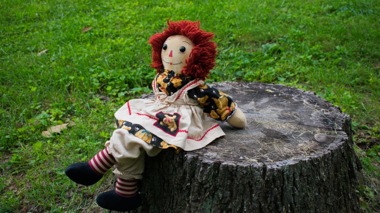 Raggedy Ann sitting on a tree trunk